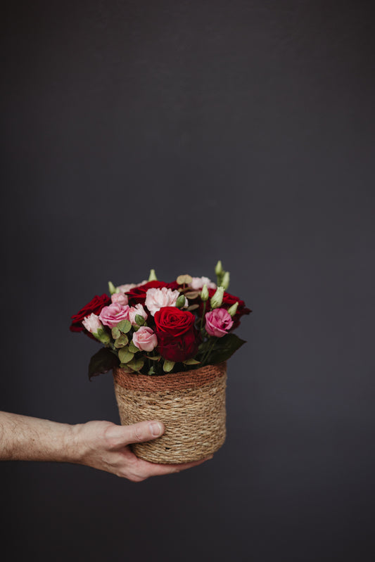 1 petite corbeille roses & fleurs mélangées